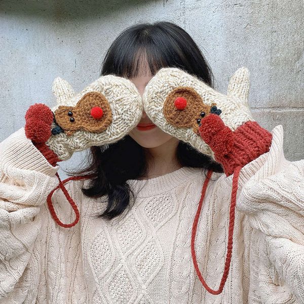 

hanging cartoon new year' deer neck mittens winter women' thickened plush warm knitting wool gloves, Blue;gray