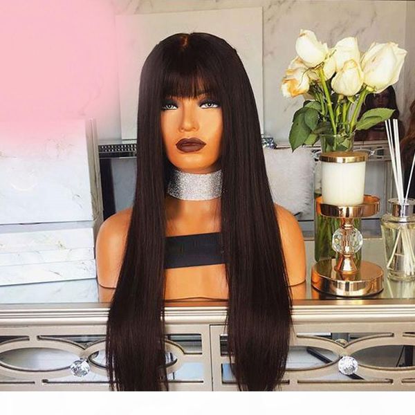 

straight lace front wig new chinese virgin hair full lace wig human hair glueless full lace wig bangs bleached knots for black women, Black;brown