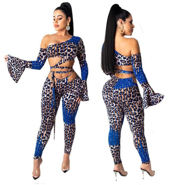 

sexy бинты клуб костюмы для женщин длинного flare рукав на одно плечо crop top вязаной с узкими штанами поножей leopard 2 piece set, Gray