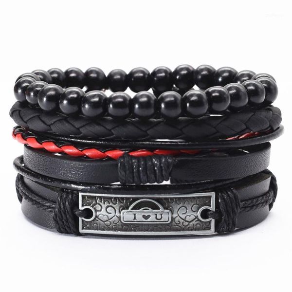 Tennis LUOBOTOU Vintage Männer Leder Armbänder 4 Teile/satz Bronze Kreuz Gitarre Liebe Charme Holz Perlen Weben Frauen Femme Homme Männlich Schmuck1