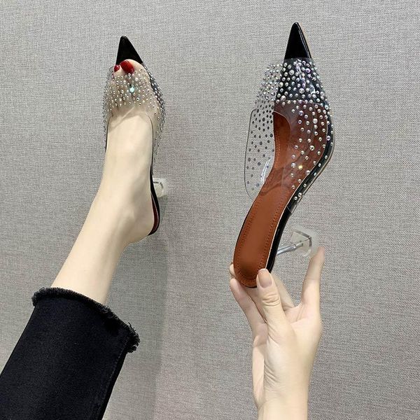 

women sandals pointed toe slippers summer fashion ladies shoes transparent pvc high heels peep toe female pumps footwear, Black