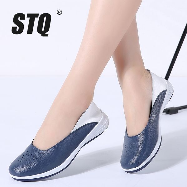 

stq 2020 autumn women leather cutout ballet flats female flat nursing shoes woman slip on loafers slipony 7699, Red;white