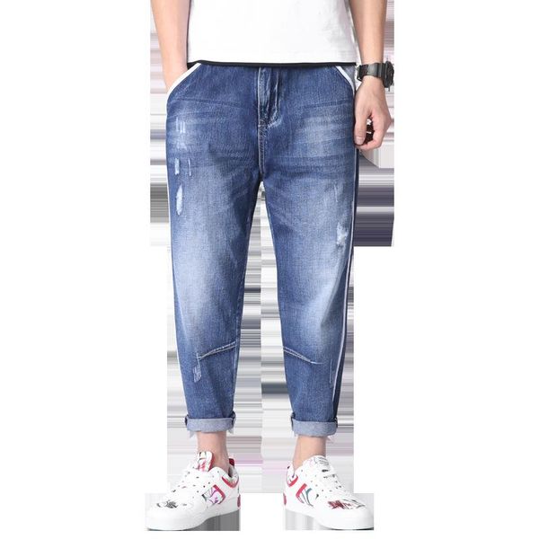 

designer jeans men men's cotton vintage loose patch hole ripped jeans men casual embroidery harem pants plus size, Blue