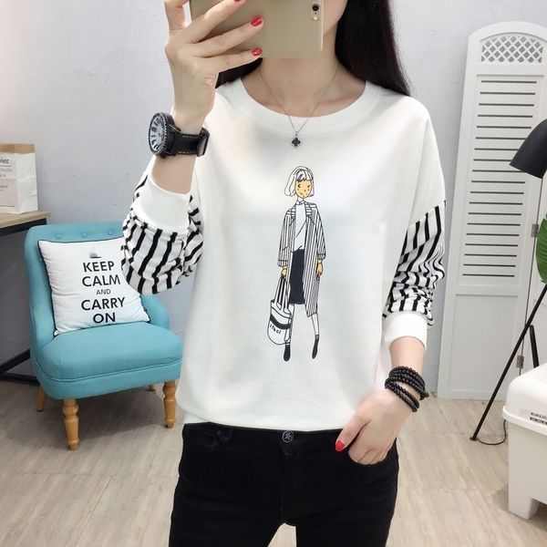 

83y25 new spring and coat t-shirt neck 2019 women's long sleeve large t-shirt loose and versatile round autumn slim for women 9051 xv, White