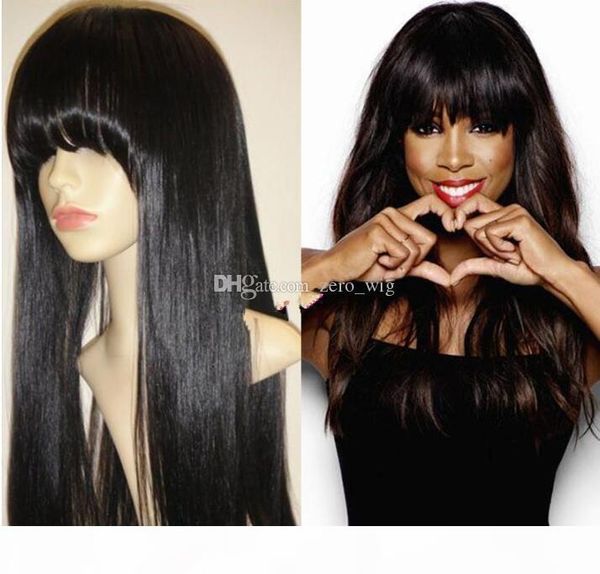 

human hair wig full bangs silky straight unprocessed virgin lace front wigs black women brazilian full lace wig with baby hair, Black;brown
