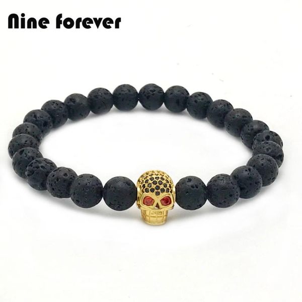 

nine forever bileklik men jewelry black cz skull charm bracelet 8mm black lave stone bracelet men pulseira masculina, Golden;silver