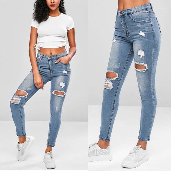 

fashion jeans womens stretch skinny ripped hole washed denim jeans female slim jeggings high waist pencil pants trousers l421, Blue