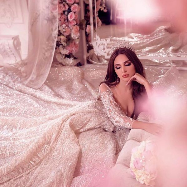 2021 Arabisch Luxuriöse Brautkleider Sheer Langarm Glänzende Pailletten Plus Größe vestido de novia Nach Maß Spitze Brautkleider