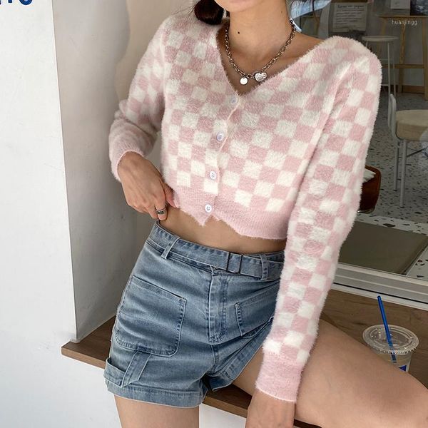 

harajuku knitted cardigan sweaters 2020 long sleeve v-neck plaid crop casual outwears single breasted short coat1, White