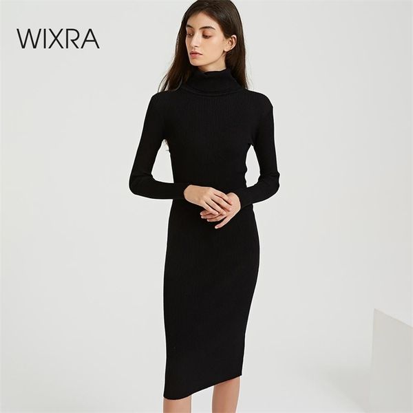 

wixra autumn winter turtleneck knee-length solid sweater dress women knit long sleeve women's slim midi dresses bodycon y200102, White;black