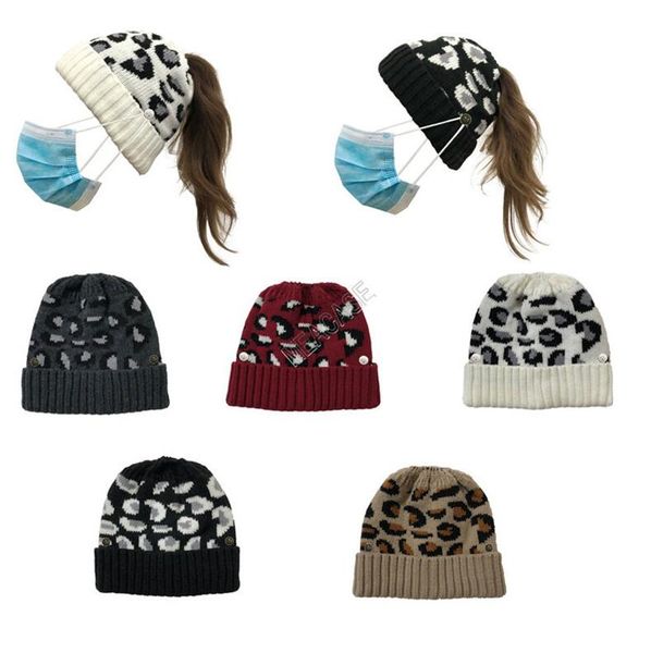 

designers winter hat women's leopard beanies with face mask button holder skull cap fashion ponytail skullies ski sport headwear d10270, Silver