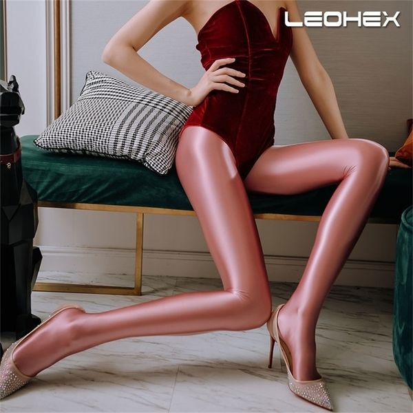 Leohex cetim brilhante lustroso calça de meia-calça molhada olha seios sexy meias yoga calças leggings esporte mulheres fitness 201202