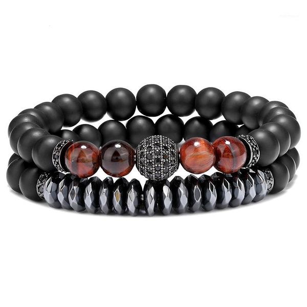 

beaded, strands 2pcs / set micropavÃ© cz 10mm disco ball bar charm men's bracelet natural stone bead yoga beaded jewelry gift1, Black