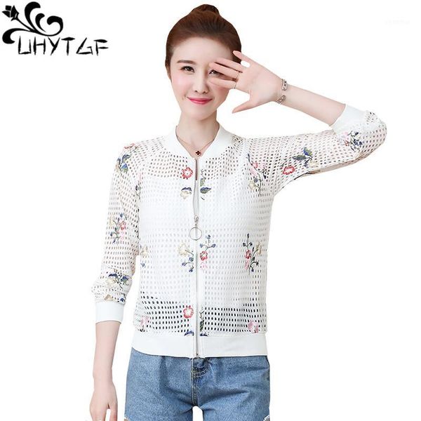 

uhytgf new women summer sun protection clothing student plus size short coats fashion grid hollow elegant girl thin coat14821, Black;brown