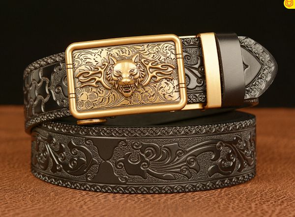 

персонализированные волка голова повседневная ремень молодой и среднего возраста модные брюки ремень тан трава шаблон резной мужской автомат, Black;brown