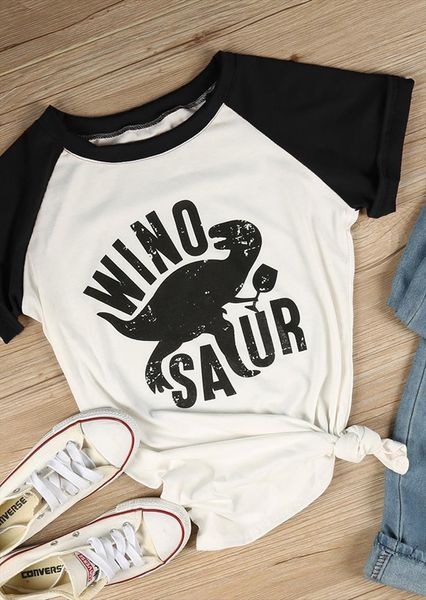 

fasion women tees raglan winosaur dinosaur print o neck women t shirt summer short sleeve casual cartoon t shirt, White