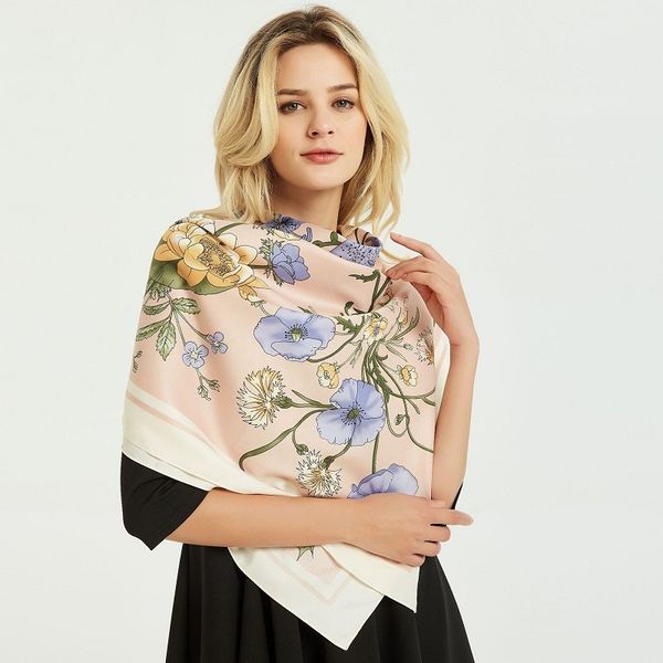 

роскошный саржевого шелкового шарфа для женщин площади шали цветочного printed большого хиджаб платки 130см * 130см шейных шарфов для даст y, Blue;gray