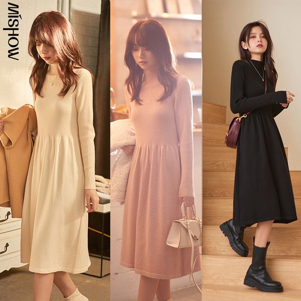 

mishow winter dresses for women elegant a-line mid calf casual high waist dress female long sleeve vestidos mx20d1795 201126, Black;gray