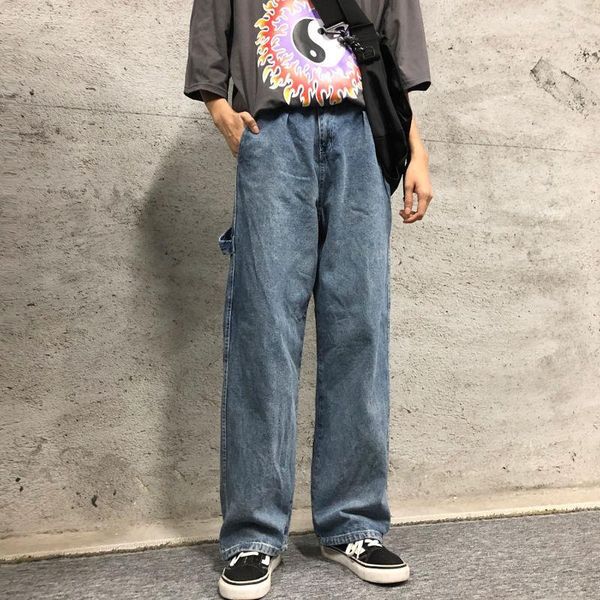 

spring straight jeans men's fashion washed solid color retro jeans pants men streetwear wild loose hip hop denim trousers mens1, Blue