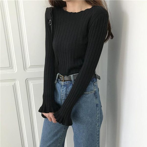 

aossviao ruffles pullovers solid flare sleeve 2020 autumn winter all match women sweaters slim new pull femme fashion soft bbyonn, White;black