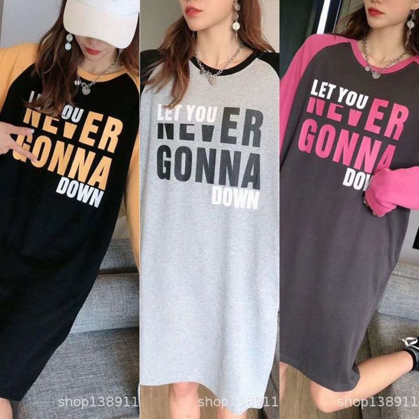 

20 autumn new korean fashion simple letter print color contrast raglan long sleeve medium length t-shirt skirtshort skirt skirtt-shirt skirt, White