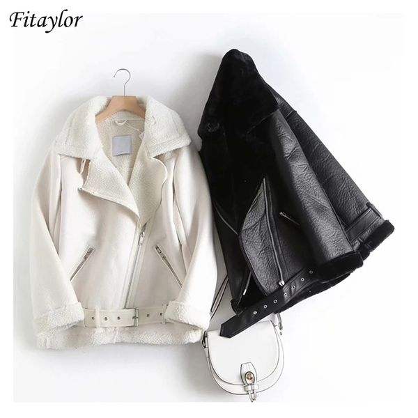 

fitaylor winter women faux lamb leather jacket streetwear new autumn female thickness sheepskin loose coat with belt outwear 210201, Black