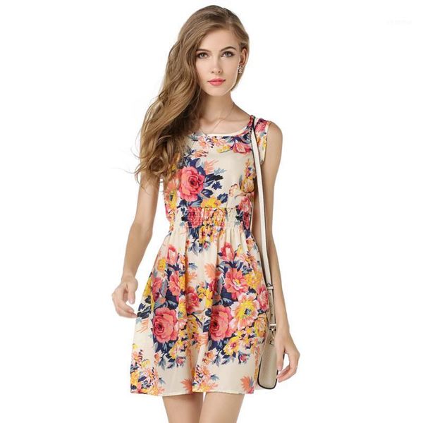 

new summer dress women sleeveless print dress casual o-neck beach tank floral slim sweet vestidos1, Black;gray