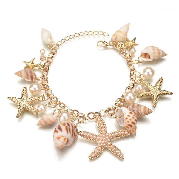 

intenice starfish conch shell pearl chain multi sea star beach bracelet women bangle bracelets novelty ocean style accessories1, Golden;silver