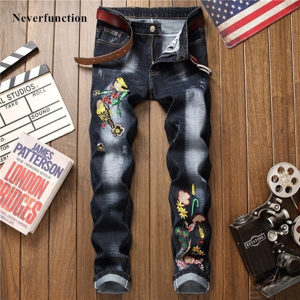

new men hip hop bird embroidery black slim fit jeans pants fashion streetwear mens casual cotton joggers denim trousers 201111, Blue