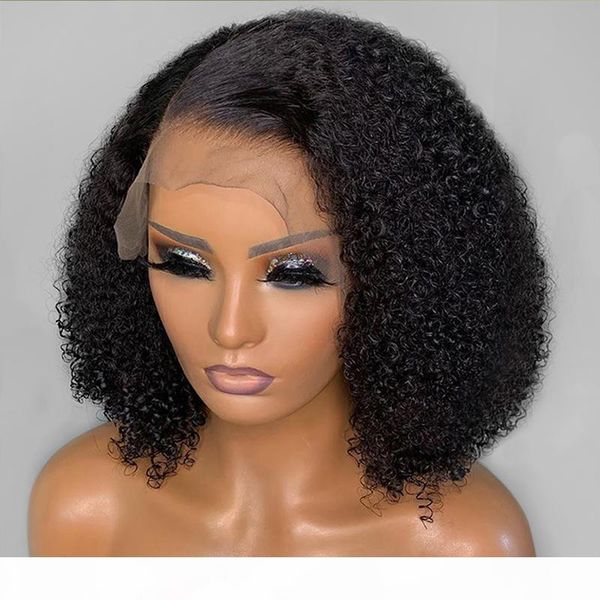 

13x6 deep part pre plucked lace front wig with baby hair afro kinky curly brazilian virgin human hair bob wigs for black women, Black;brown