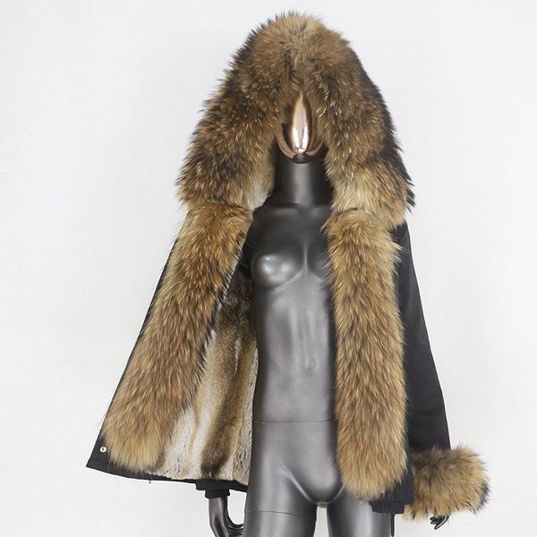 

bluenessfair 2020 winter jacket women short waterproof parka real fur liner coat natural raccoon big fur collar hood new1, Black