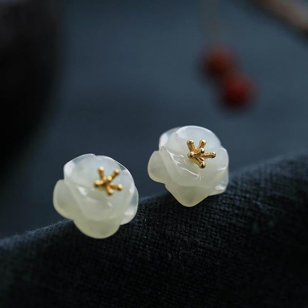 

natural n baiyushan camellia earrings chinese style retro designer original craft small exquisite fairy accessories, Golden;silver