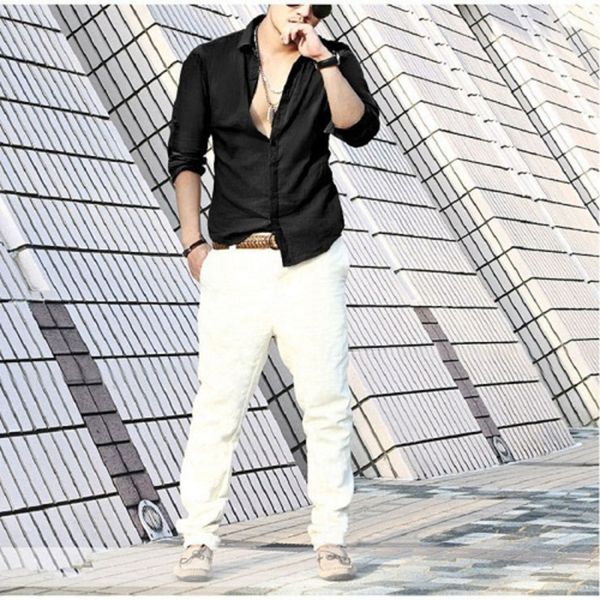 

cotton linen shirt men summer casual mens long sleeve shirts social swag male camisas slim fit fashion clothing white pink c0117, White;black