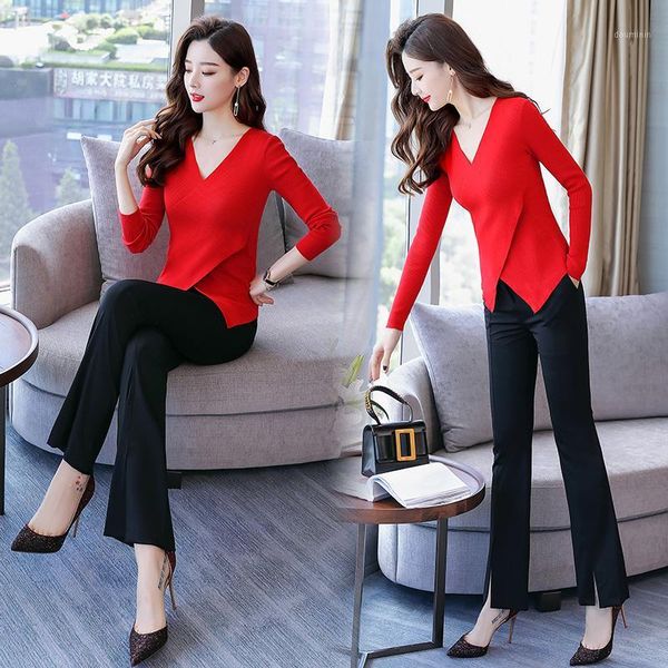 

temperament suit women's 2020 new autumn knit long sleeve slimming jacket wide leg pants fashion goddess two-piece set1, White