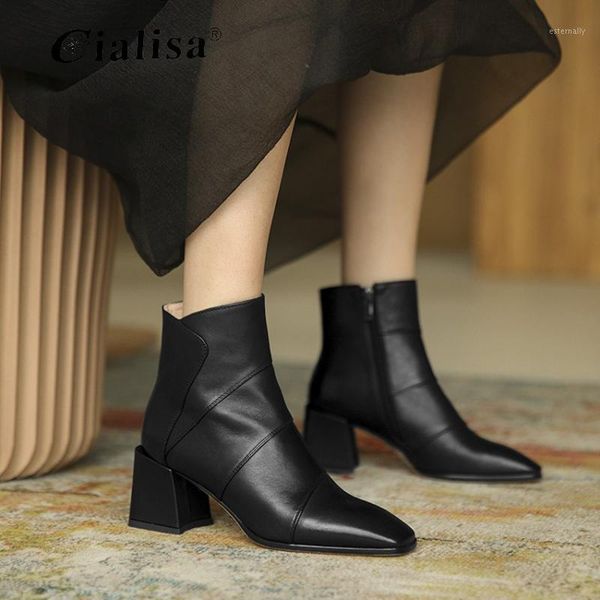 

boots cialisa women shoes fashion design chunky heel ankle boot 2021 genuine leather zipper sqaure toe boot1, Black