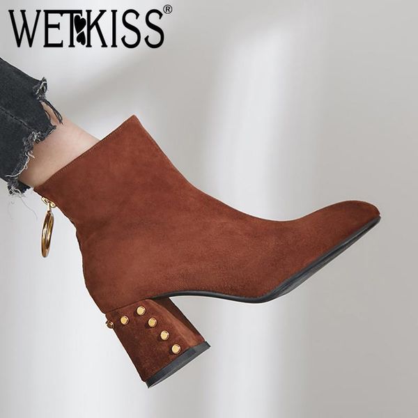

wetkiss 2020 новая мода малыш замшевые сапоги высокие каблуки заклепки женские обувь осень женщина ботильоны круглый носок высокая шере обув, Black