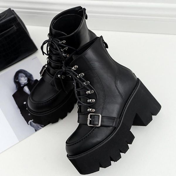 

boots lace up platform women's buckle strap high heel women black ankle for goth