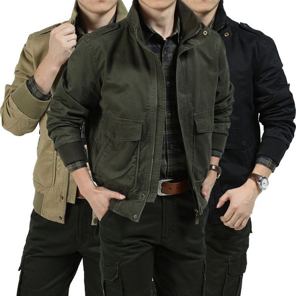 

cotton wash work collar men's autumn winter casual loose military jacket, Black;brown