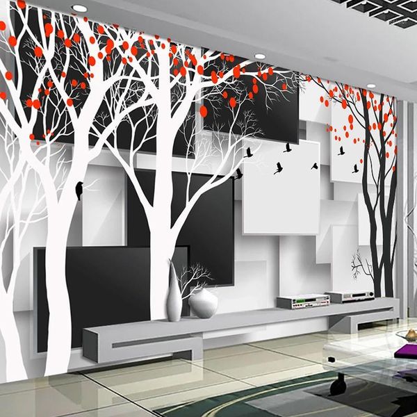 

drop shipping custom 3d wall murals p wallpaper black white creative lattice forest bird 3d background art papel de parede1