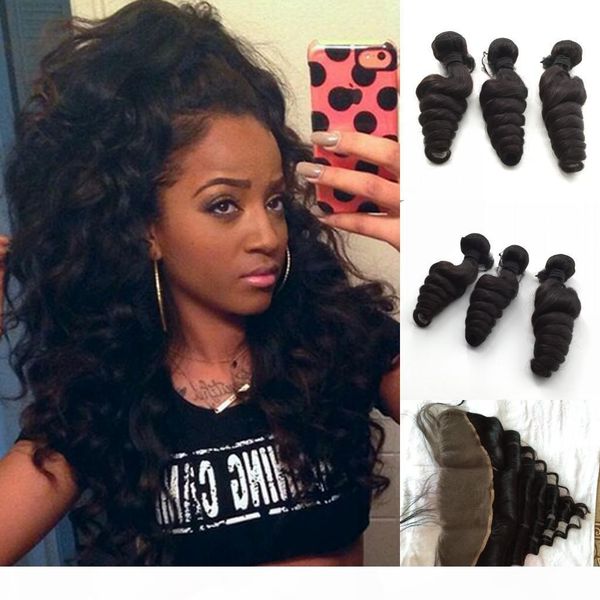 

brazilian peruvian malaysian indian loose wave human hair weave loose curl remy hair extensions 3 bundles with lace frontal closure, Black
