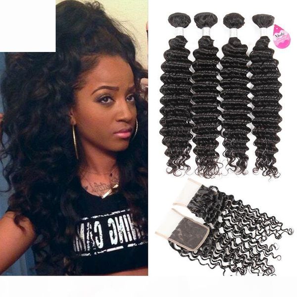 

lace closure with bundles brazilian virgin hair mink loose deep wave bundles with closure middle 3 part human hair weaves, Black