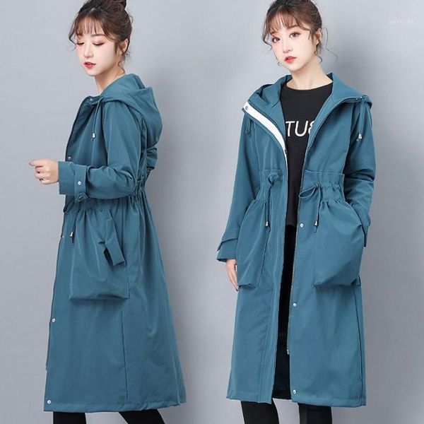 

2021 spring autumn long trench coat women casual long sleeve hooded windbreaker female overcoat zipper big pocket plus size y2571, Tan;black