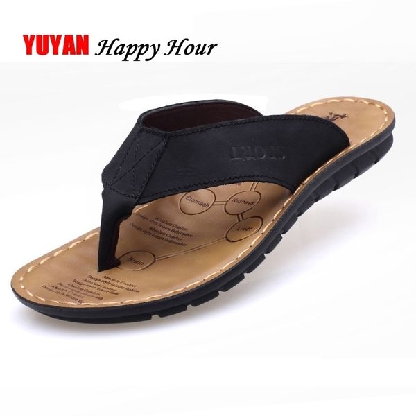 

summer shoes men slippers genuine leather beach slippers mens flip flop sandals summer man shoes male flip flops ka673 y200107, Black