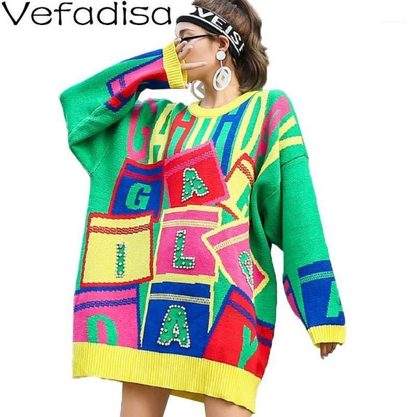 

vefadisa women large size sweater 2020 autumn letter beaded sweater knitting hedging mid-length round neck lhx2381, White;black