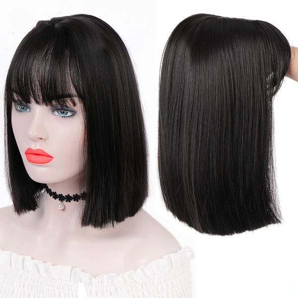

short straight wigs with air bangs for girls synthetic wigs black bob wig heat resistant cosplay daily use hair