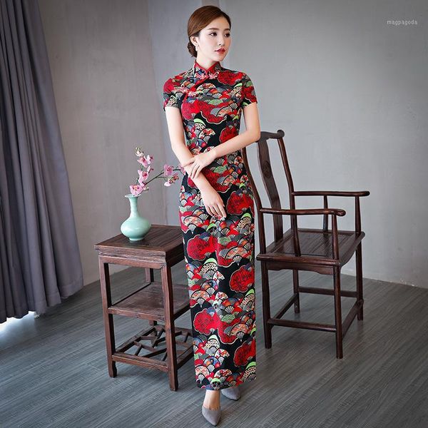 

female flower print traditional qipao plus size 3xl 4xl 5xl satin chinese vintage button cheongsam slim long dress1, Red