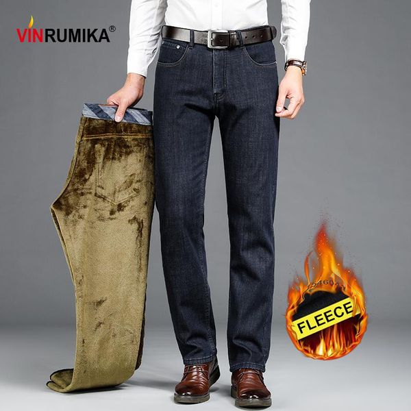

2020 winter fleece thicken middle aged men's business casual denim blue straight jeans man cowboy pant black loose long trousers