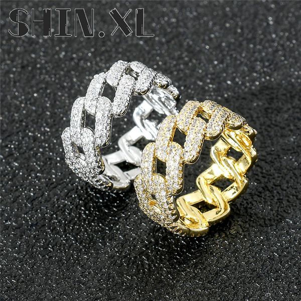 

iced out male female rings gold color punk zircon ring cuban link chain exaggerated street artist ring for women men bling bling, Silver