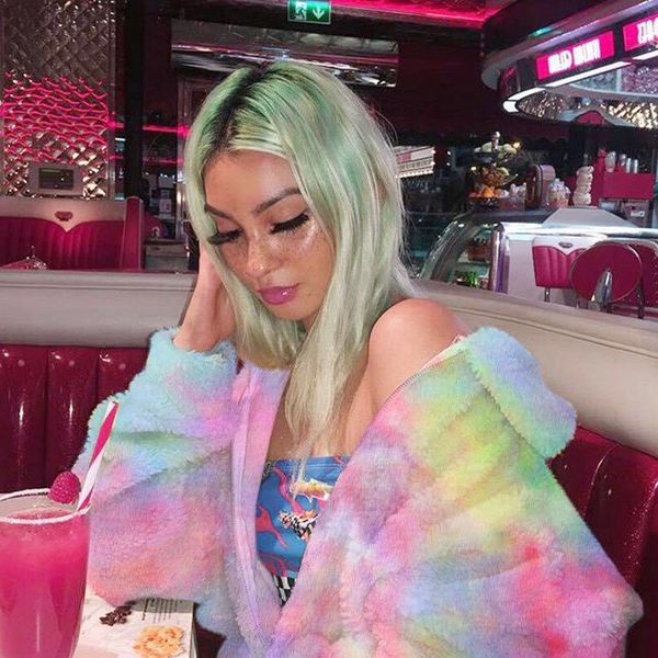 

autumn winter women new style lapel printing and dyeing long sleeve loose fur coat