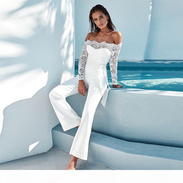 

women summer jumpsuit off shoulder long sleeve women bodysuit full length lace patchwork bodycon rompers womens playsuits, Black;white